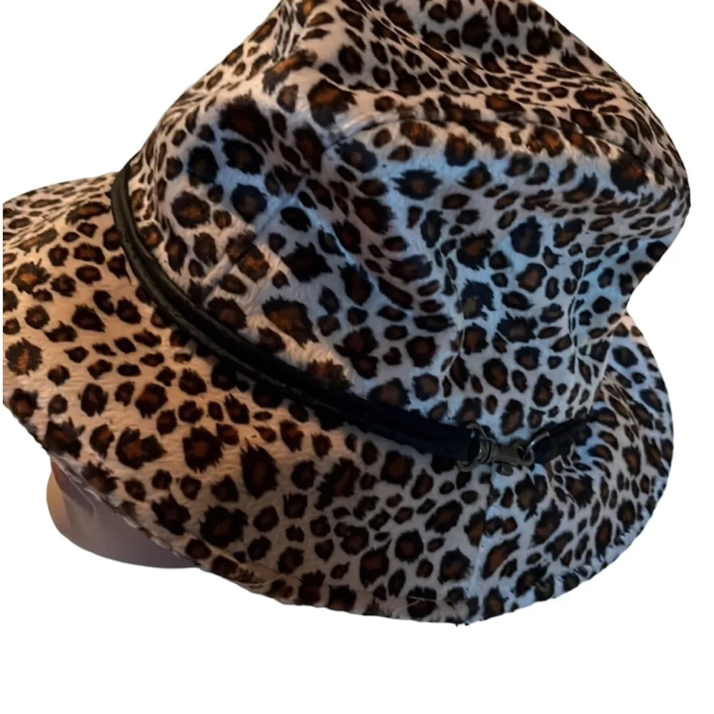 Amanda Smith OS black & brown leopard velour print hat crushable velvet ribbon